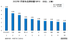 2022年7月国内乘用车销量排行榜：自主品牌新能源抗衡合资品牌燃油车